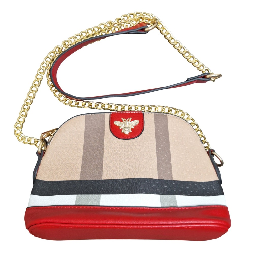 Women Multi-Color Striped Bee Emblem Crossbody Dome Bag Gold Chain Strap Red Tan